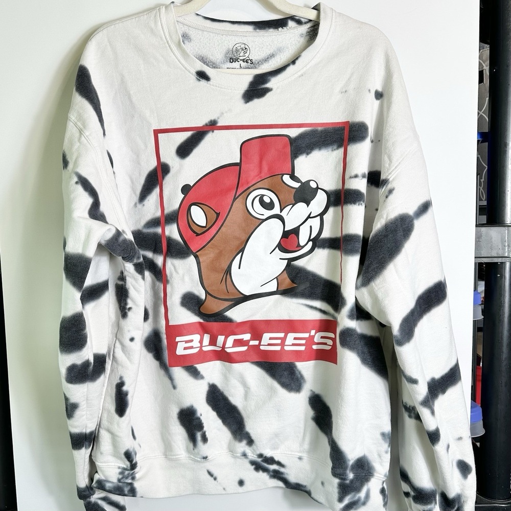 Buc-ee's Tie Dye Sweatshirt White NAVY BLUE Graphic Logo Unisex Size L **READ